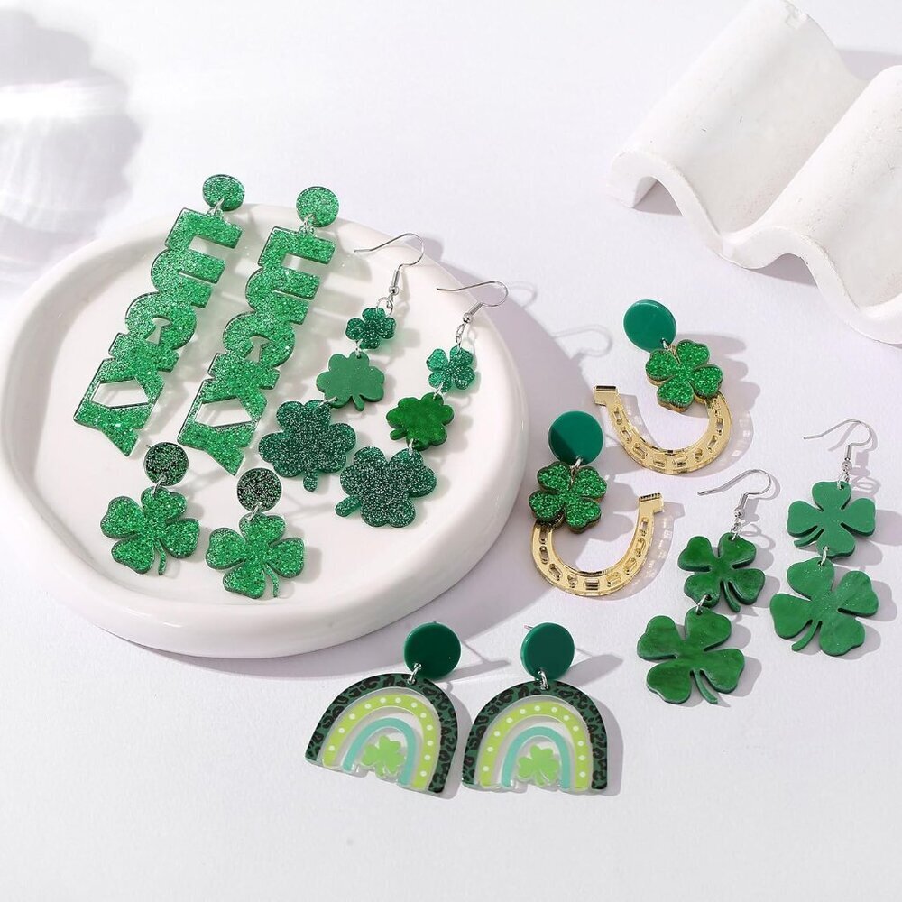St Patrick's Day Earrings Set 9 Pairs Green Shamrock Clover Festive Dangle Jewel - Picture 5 of 8